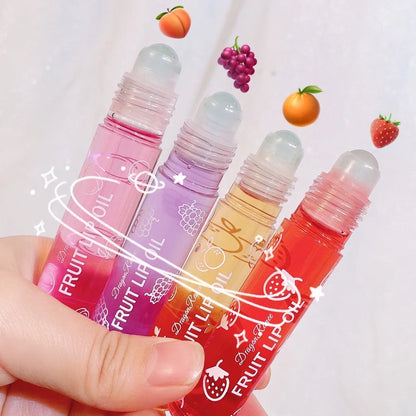 Hydrating fruity lip gloss makeup product with glossy shine